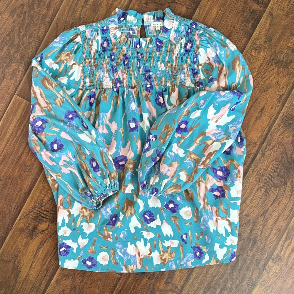 Smocked Floral Long-Sleeve Blouse - Teal Multi